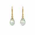 Pair of green quartz drop earrings with faceted teardrop stones and 9K yellow gold hooks on a white background