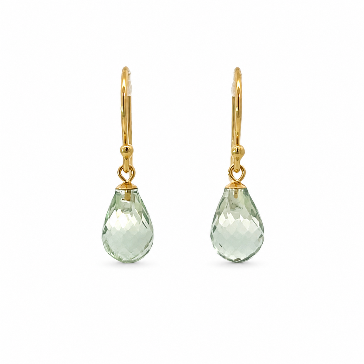 Pair of green quartz drop earrings with faceted teardrop stones and 9K yellow gold hooks on a white background