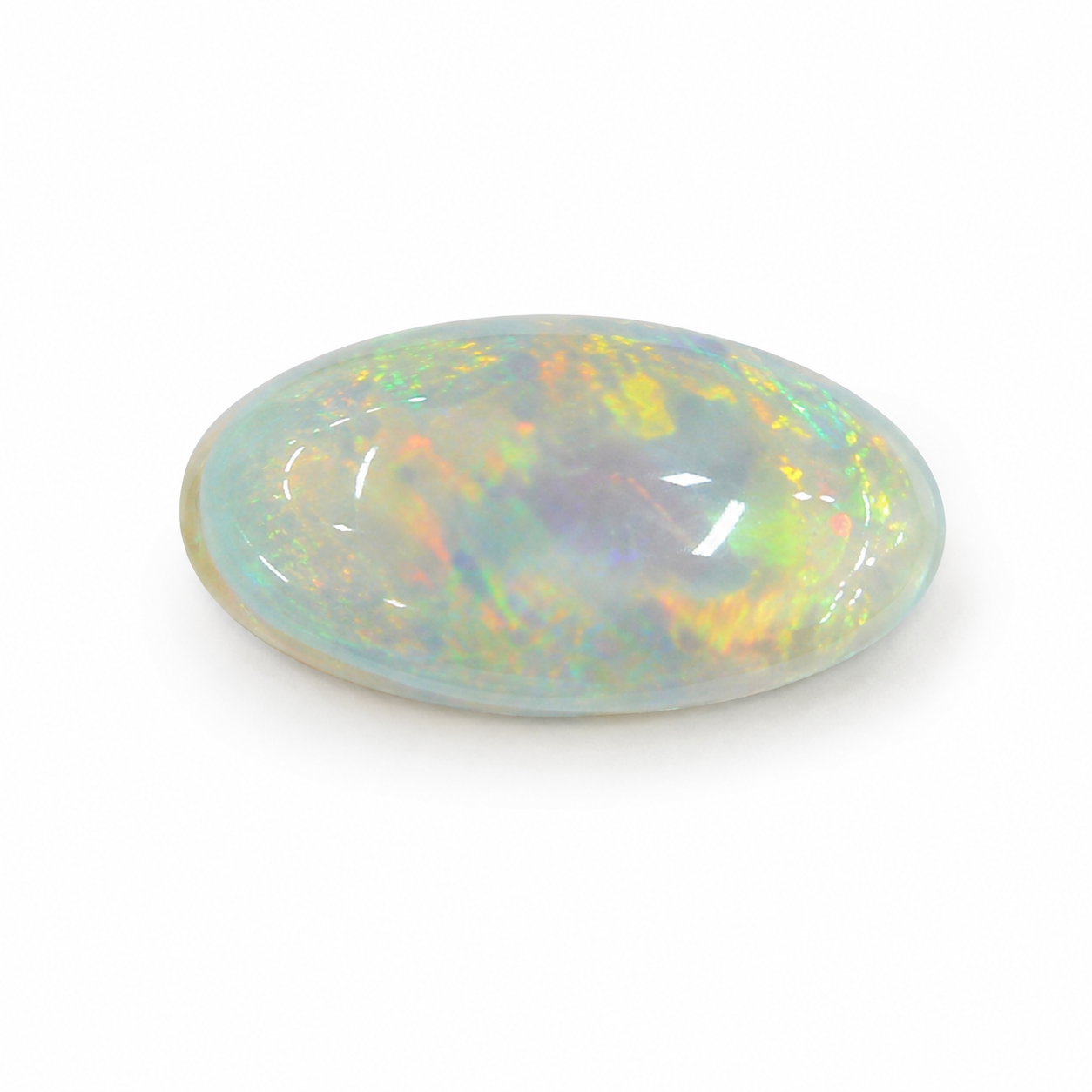 Loose classic oval opal cabochon with soft green, yellow, orange and blue play-of-colour