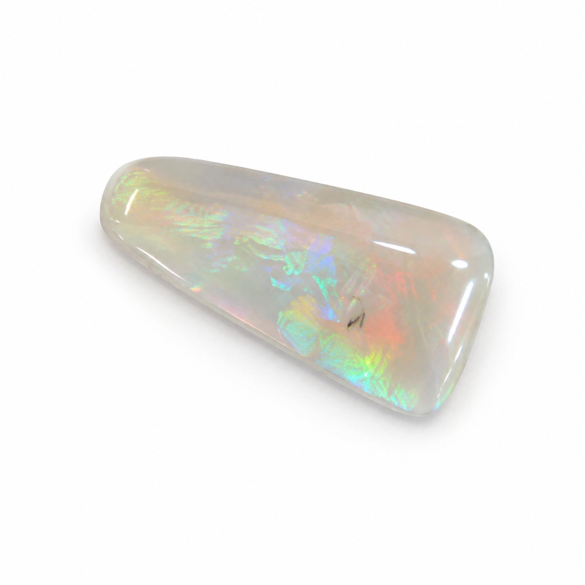 Loose elongated opal cabochon with vibrant green, blue and orange play-of-colour