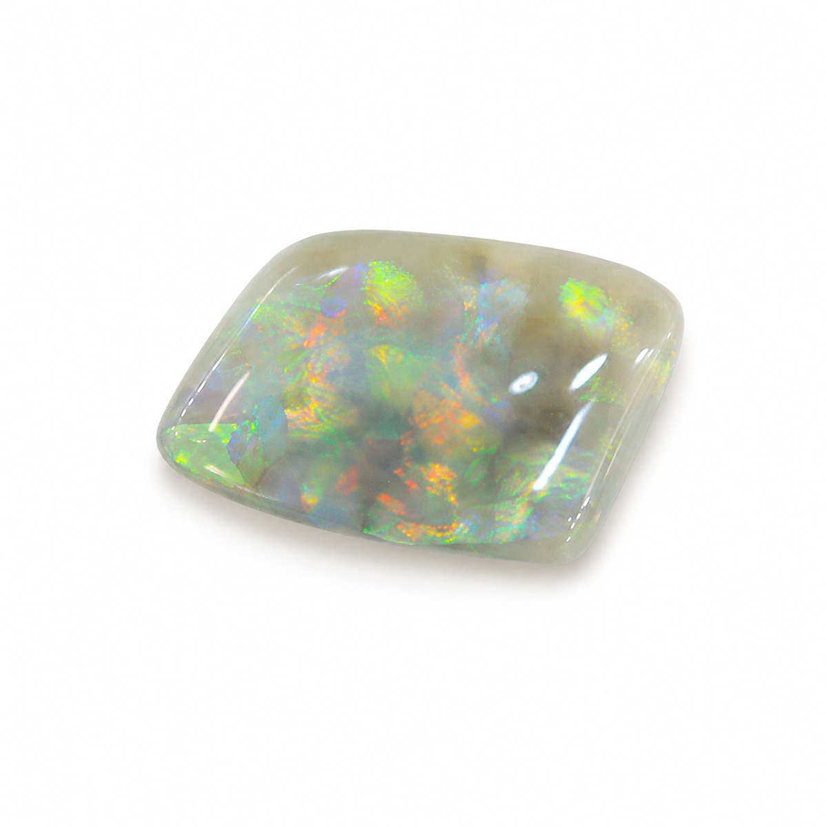 Loose rounded square opal cabochon with vibrant green, yellow, orange and blue play-of-colour