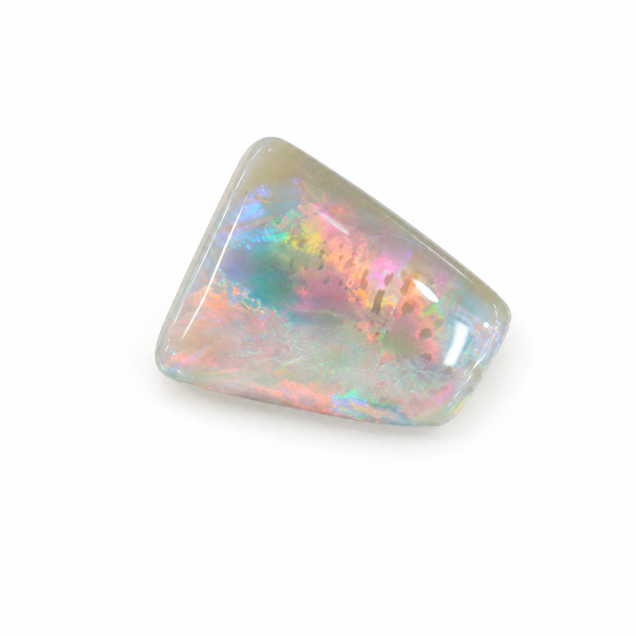 Loose freeform opal cabochon with vibrant pink, green, blue and orange play-of-colour
