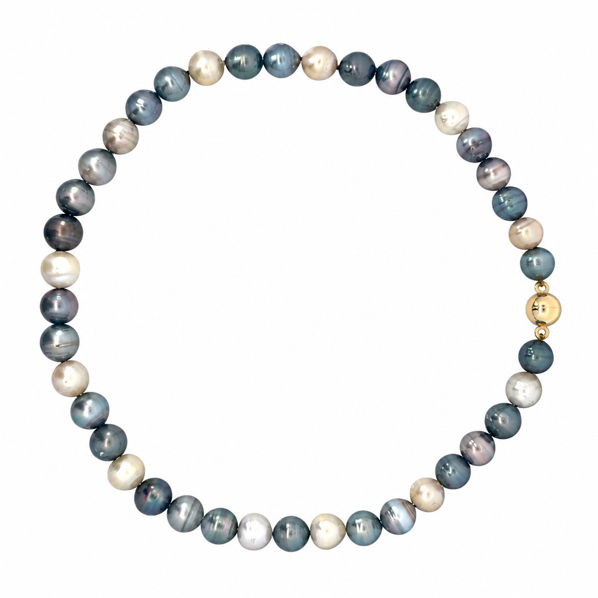 Multicoloured Tahitian pearl strand knotted on black silk with gold-plated magnetic clasp at Jules Collins Jewellery