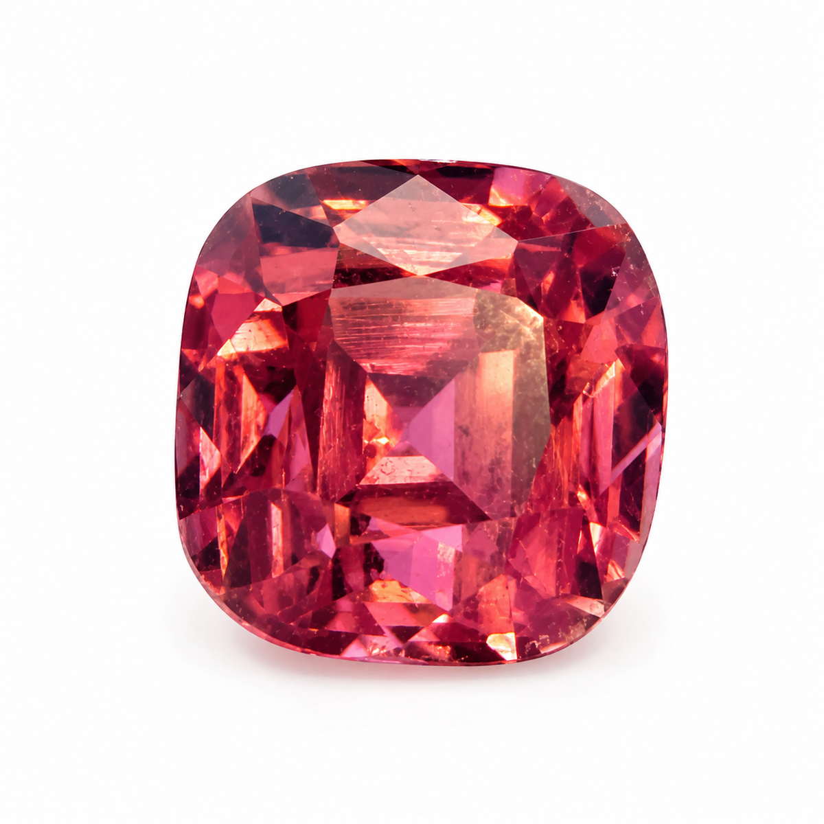 3.75ct pink tourmaline gemstone in a cushion cut, featuring vibrant pink and reddish tones, brilliant faceting and natural inclusions.

