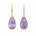 Pair of purple fluorite teardrop earrings with polished 14K rose gold hooks on a white background