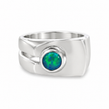 Contemporary sterling silver Australian opal ring featuring a round blue-green opal in a polished bezel setting with a sculptural asymmetrical wide band