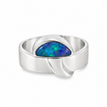 Sterling silver Australian opal ring featuring a horizontally set half-moon-shaped opal displaying vibrant blue, green and violet colours in a polished bezel setting with a sculptural wide band. Size Q, Jules Collins Jewellery.
