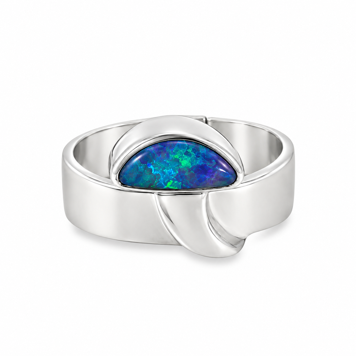 Sterling silver Australian opal ring featuring a horizontally set half-moon-shaped opal displaying vibrant blue, green and violet colours in a polished bezel setting with a sculptural wide band. Size Q, Jules Collins Jewellery.