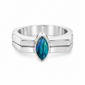 Sterling silver Australian opal ring featuring a vertically set marquise-shaped blue-green opal in a polished bezel setting with a contemporary wide double-line band