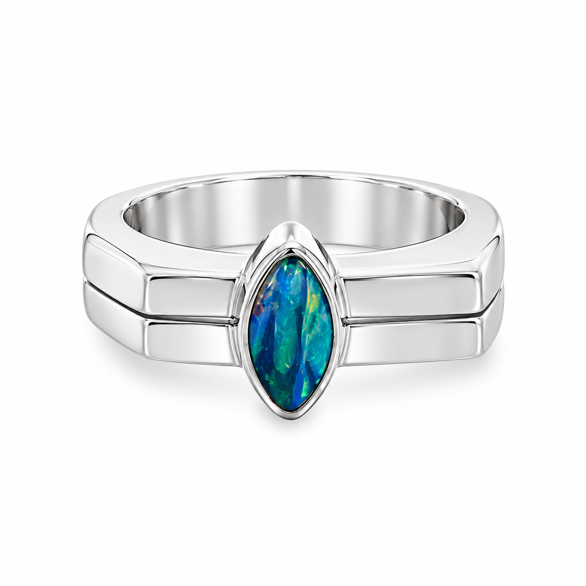 Sterling silver Australian opal ring featuring a vertically set marquise-shaped blue-green opal in a polished bezel setting with a contemporary wide double-line band