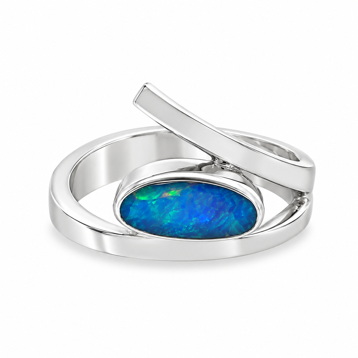 Sterling silver Australian opal ring featuring an oval blue-green opal in a bezel setting with a contemporary overlapping swirl band