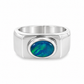 Sterling silver Australian opal wide-band ring featuring an oval blue and green opal in a polished bezel setting, Jules Collins Jewellery