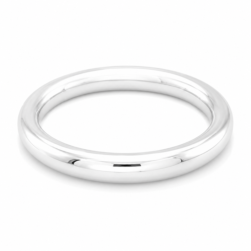 Polished sterling silver bangle with a 65 mm inner diameter on a white background