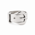 Sterling silver wide belt buckle ring with a polished finish on a white background