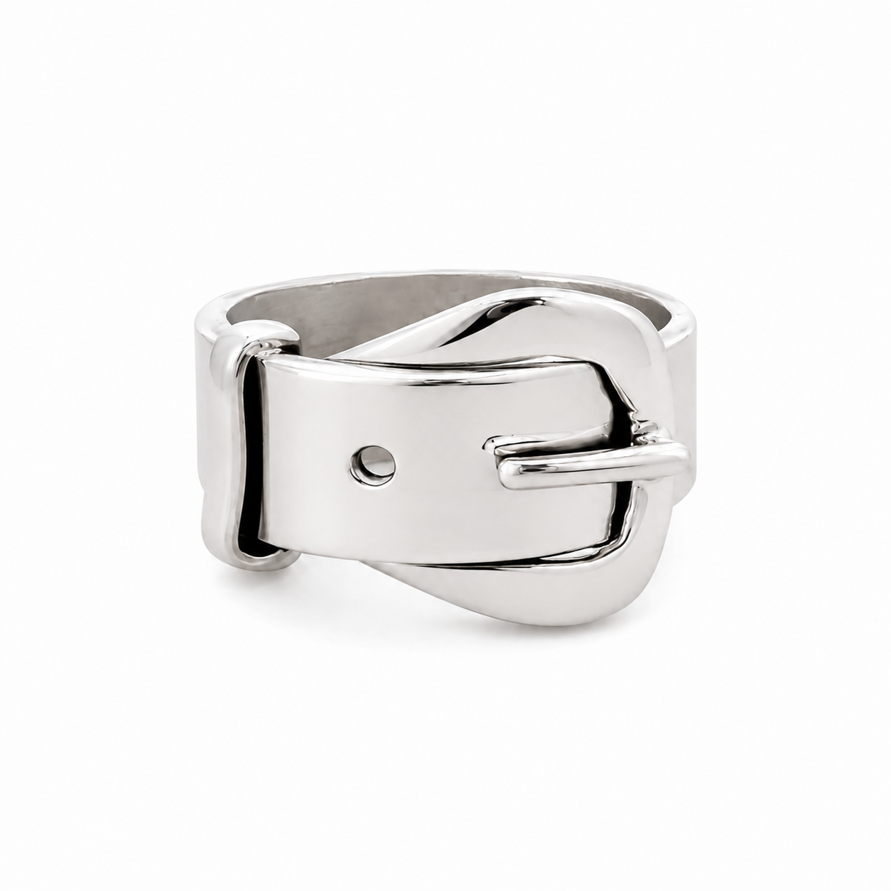 Sterling silver wide belt buckle ring with a polished finish on a white background