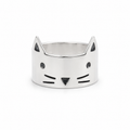 Sterling silver cat face ring with pointed ears and engraved whisker details on a white background