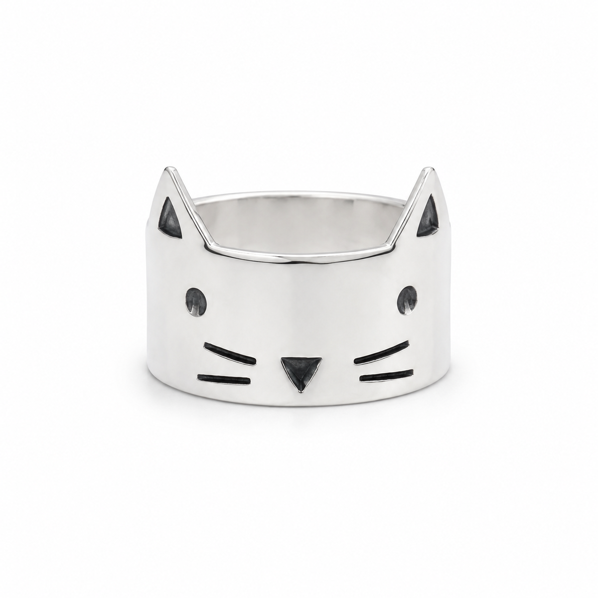 Sterling silver cat face ring with pointed ears and engraved whisker details on a white background