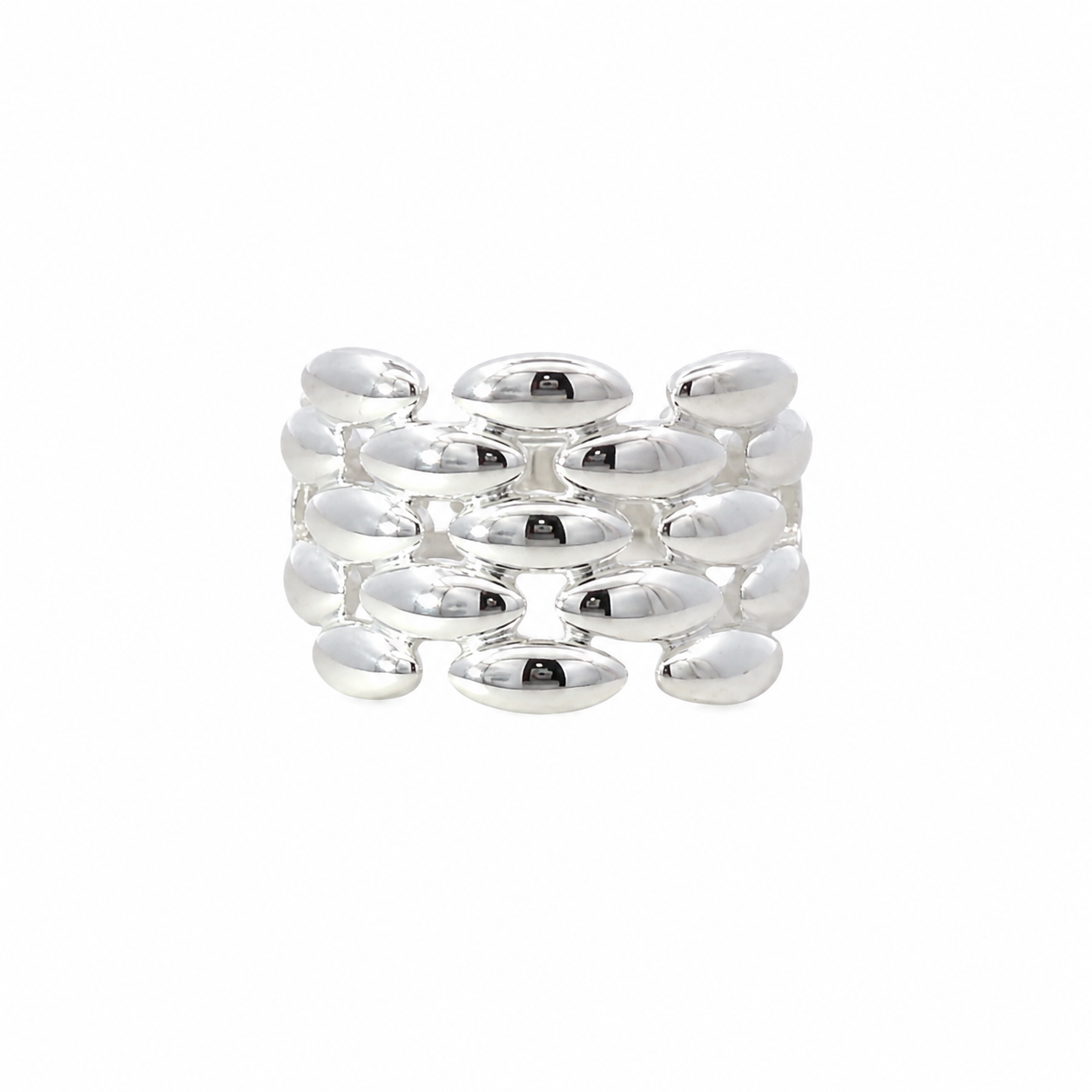Sterling silver chain ovals ring with polished rounded details on a white background