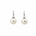 Pair of freshwater pearl earrings with sterling silver leverback closures on a white background