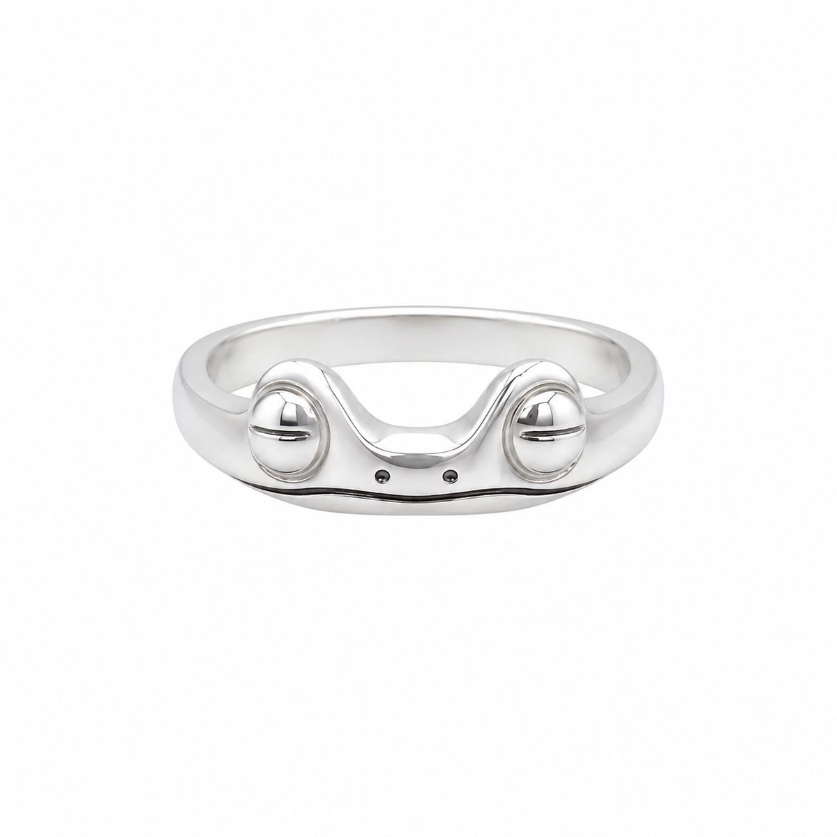 Sterling silver frog eyes ring with raised eye details on a white background