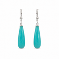 Pair of amazonite drop earrings with detailed sterling silver leverback closures on a white background