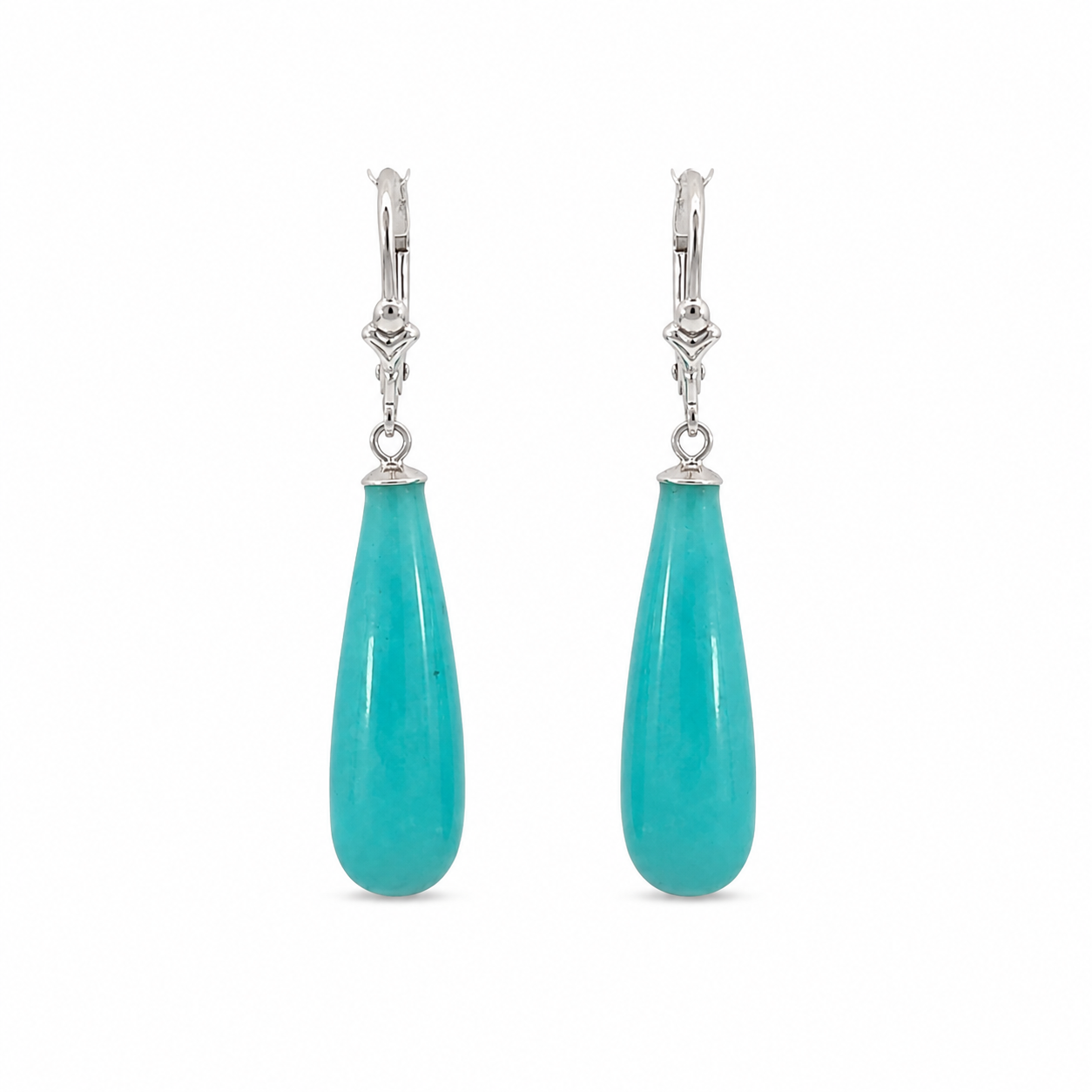 Pair of amazonite drop earrings with detailed sterling silver leverback closures on a white background