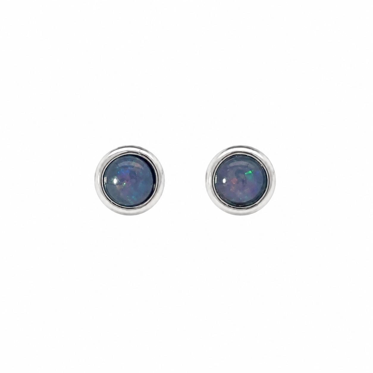 Sterling silver round opal stud earrings with round blue-green opals.
