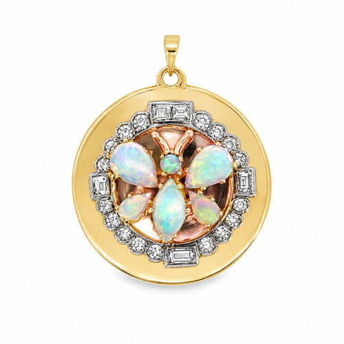 9ct Yellow gold diamond and opal butterfly pendant with 23 diamonds and multicoloured opals, 26mm diameter – Jules Collins Jewellery