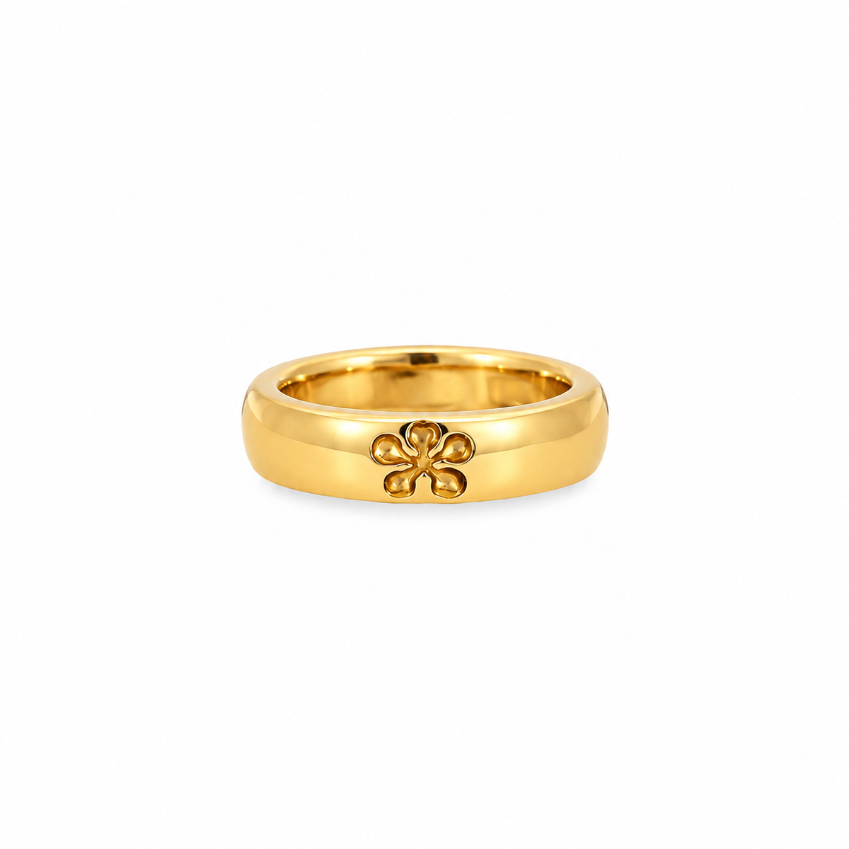 Polished yellow gold band ring featuring a delicate five-petal flower motif on the front.