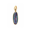 14ct yellow gold pendant featuring an elongated solid opal with colourful blue, green and red tones and a diamond-set bail