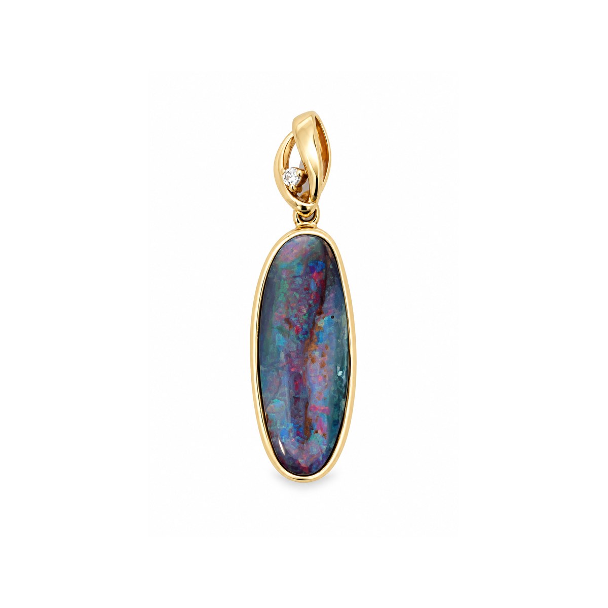 14ct yellow gold pendant featuring an elongated solid opal with colourful blue, green and red tones and a diamond-set bail